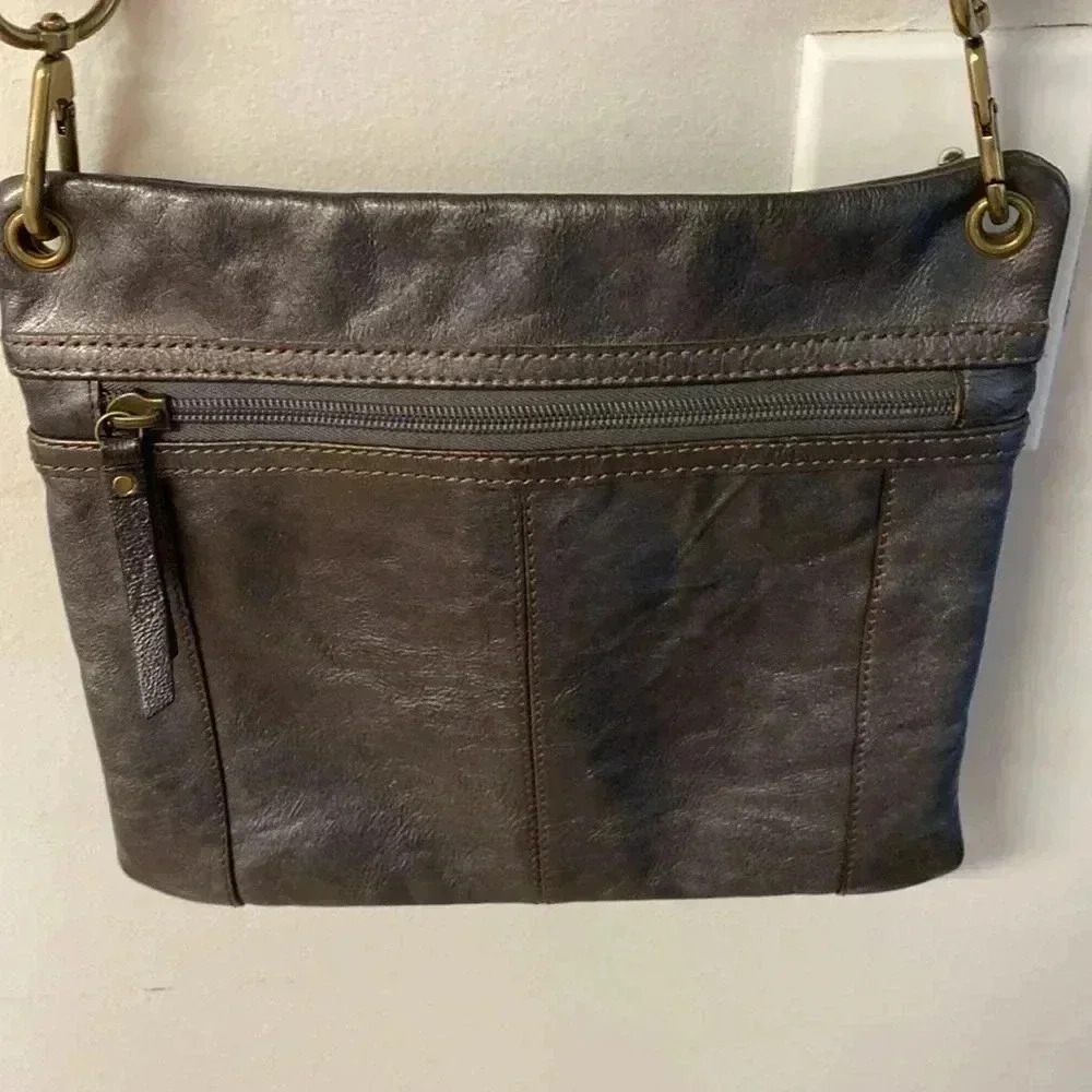 Fossil Leather Grey Rustic Crossbody Shoulder Bag Purse ~ Brass Hardware - Picture 4 of 14